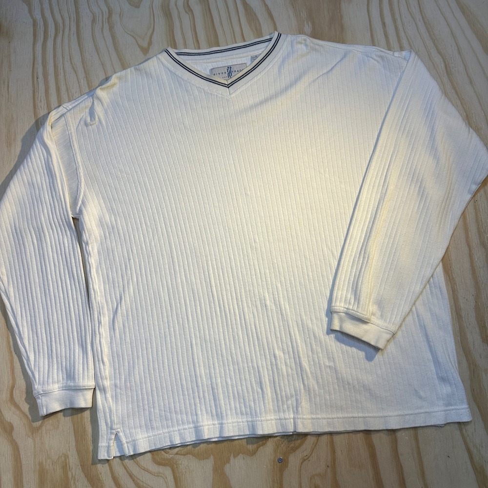 River Trader Mens White Ribbed V-Neck Long Sleeve Cotton Pullover Shirt Size M